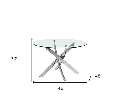 48" Clear and Silver Glass and Metal Cross Leg Base Round Top Dining Table HomeRoots
