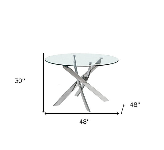 48" Clear and Silver Glass and Metal Cross Leg Base Round Top Dining Table HomeRoots