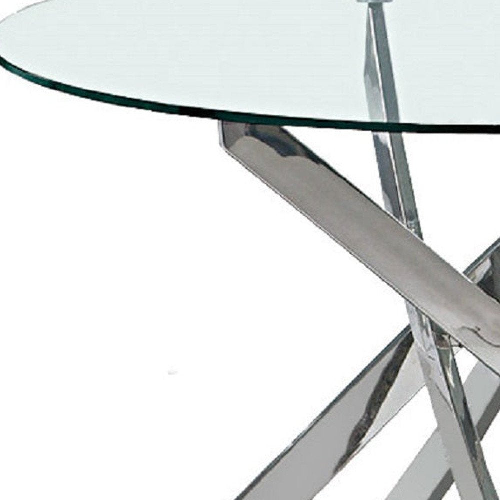 48" Clear and Silver Glass and Metal Cross Leg Base Round Top Dining Table HomeRoots