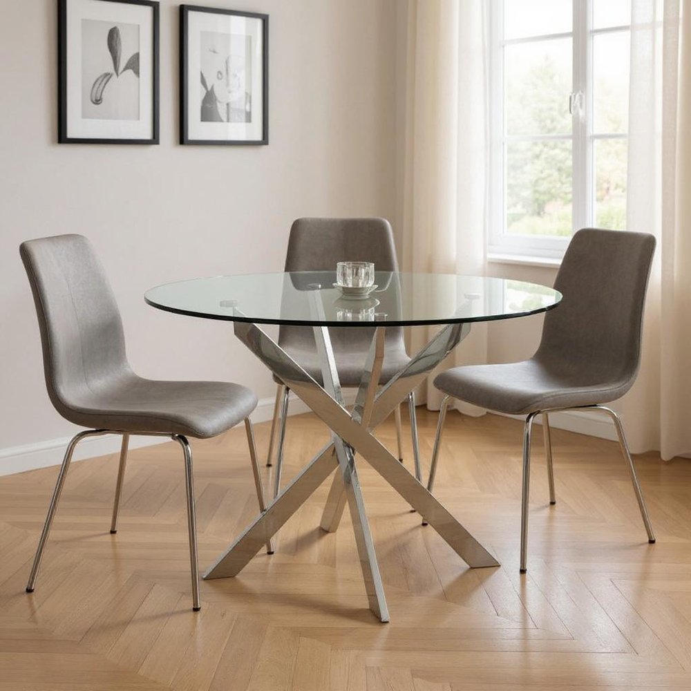 48" Clear and Silver Glass and Metal Cross Leg Base Round Top Dining Table HomeRoots