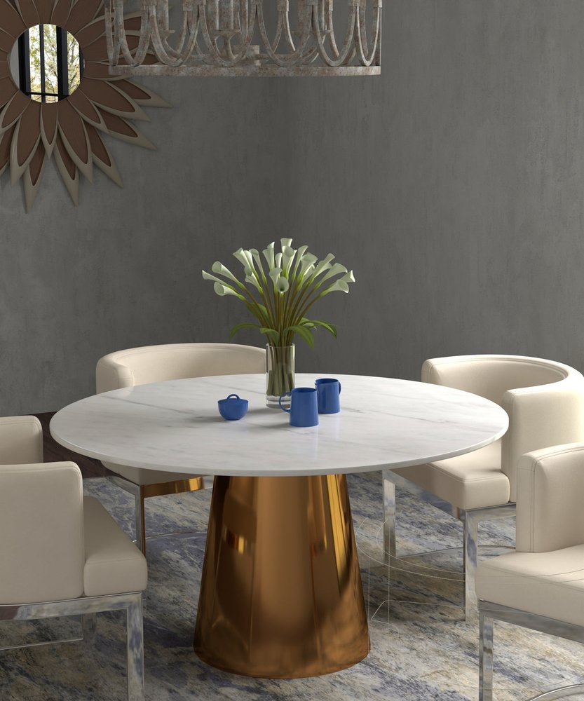 54" Gray White and Gold Marble and Metal Pedestal Base Round Top Dining Table HomeRoots