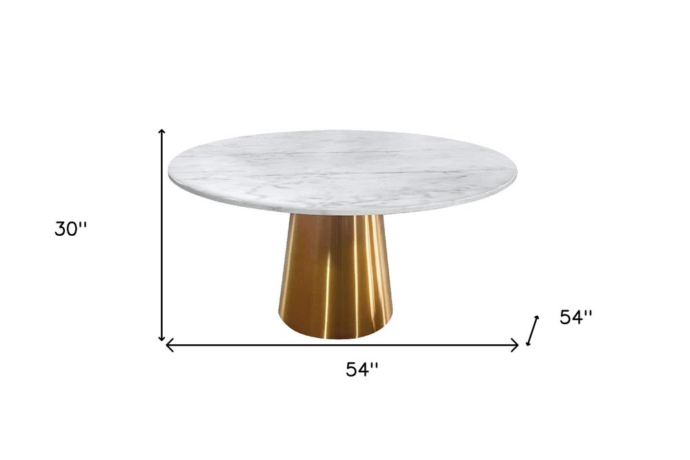 54" Gray White and Gold Marble and Metal Pedestal Base Round Top Dining Table HomeRoots