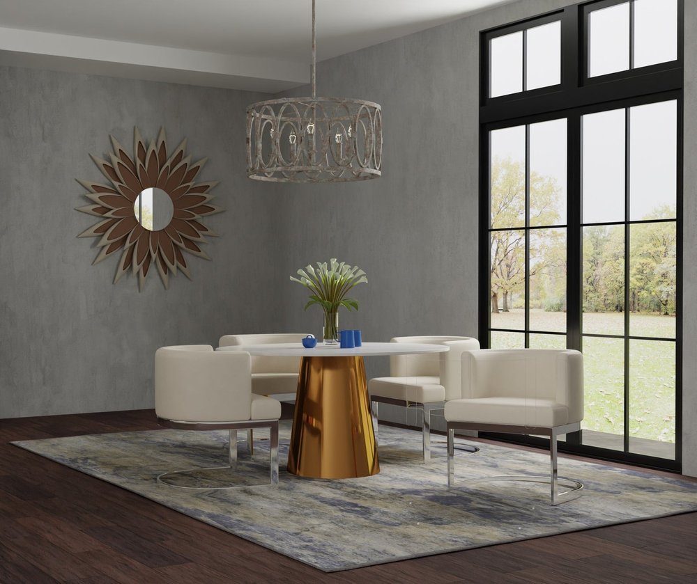 54" Gray White and Gold Marble and Metal Pedestal Base Round Top Dining Table HomeRoots