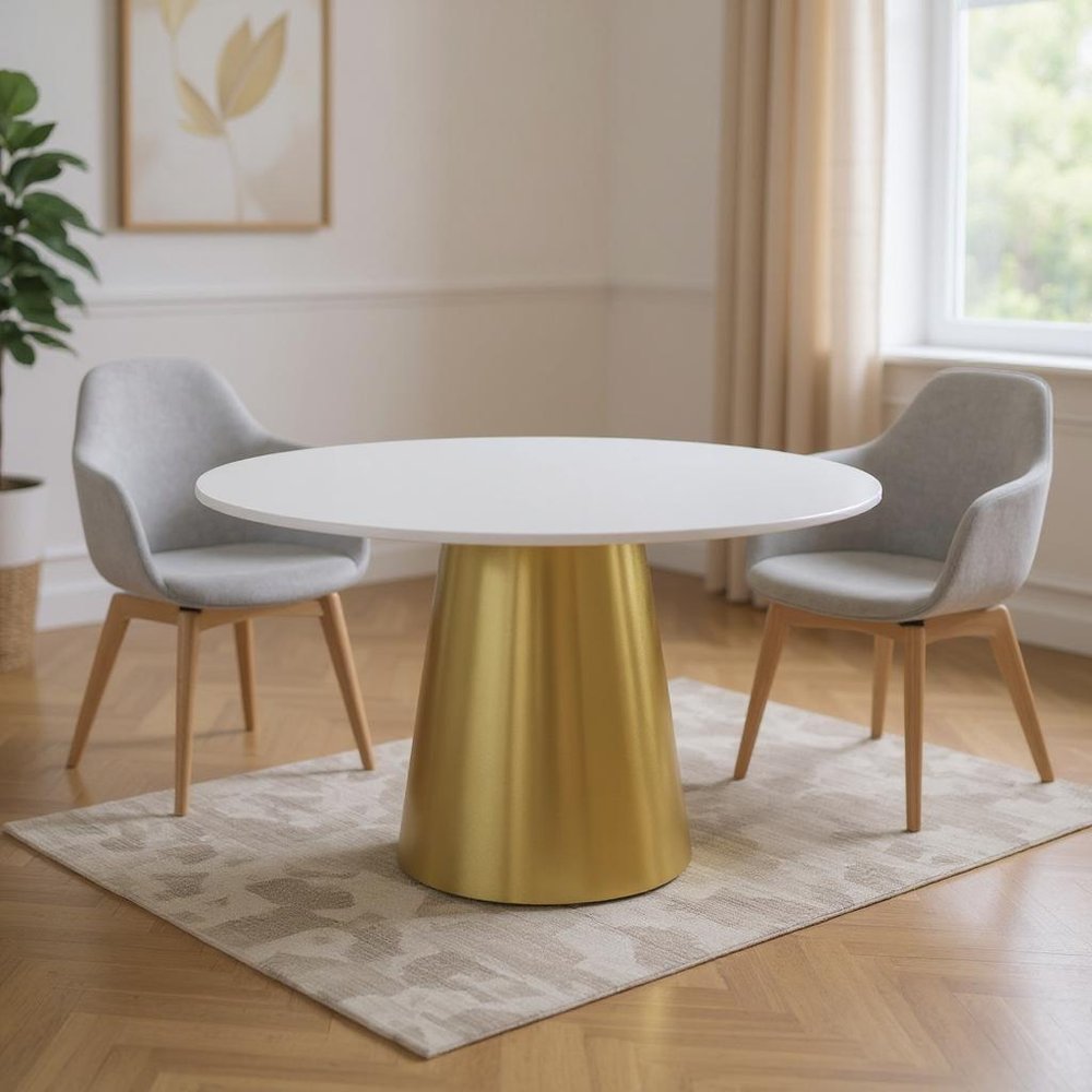 54" Gray White and Gold Marble and Metal Pedestal Base Round Top Dining Table HomeRoots
