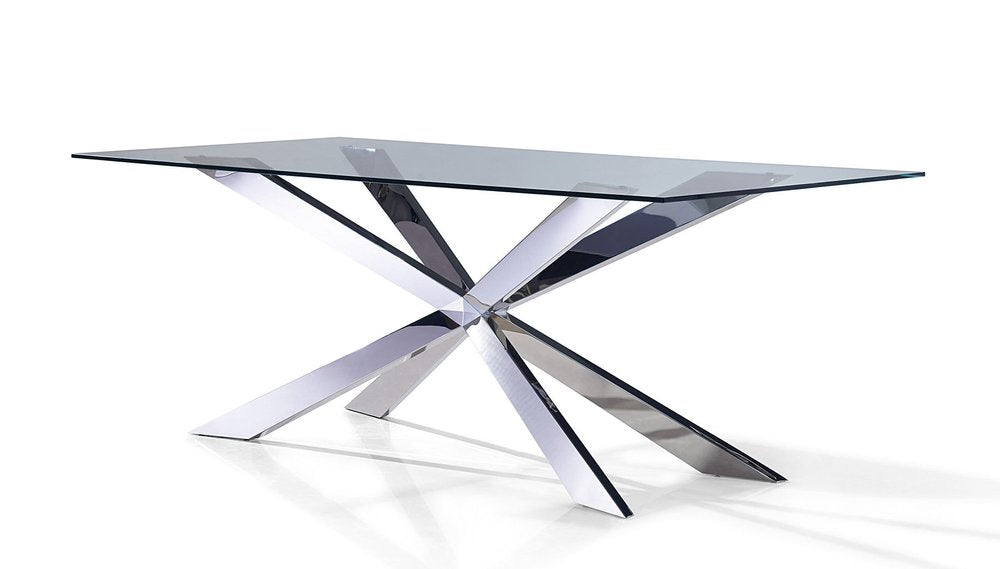 87" Clear and Silver Glass and Metal Cross Leg Base Dining Table HomeRoots