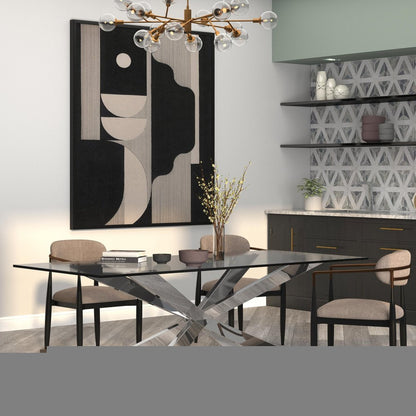 87" Clear and Silver Glass and Metal Cross Leg Base Dining Table HomeRoots