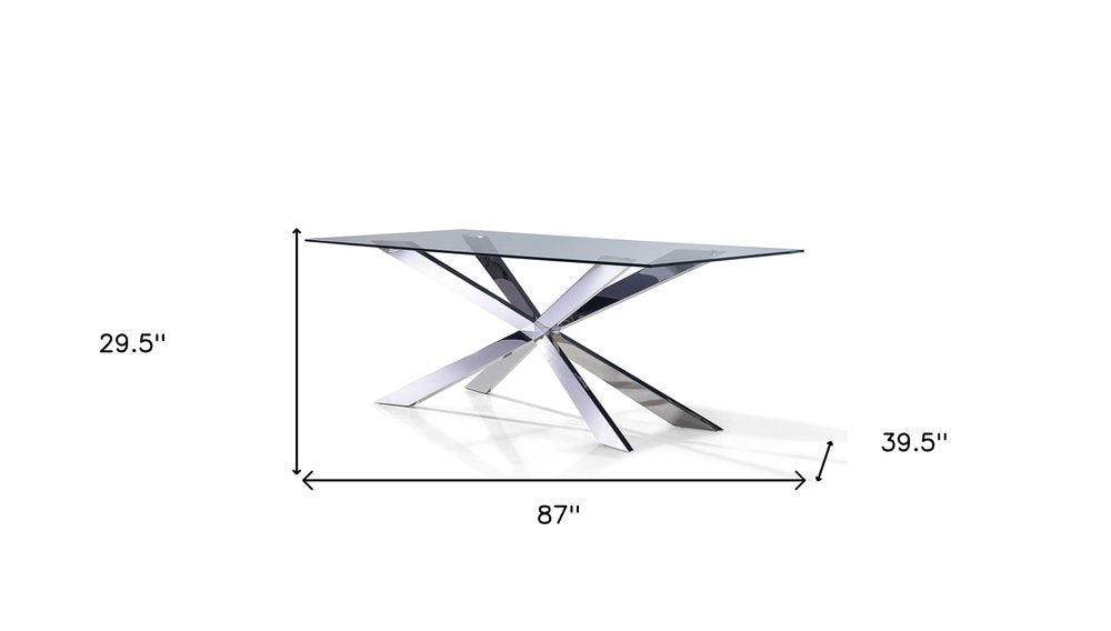87" Clear and Silver Glass and Metal Cross Leg Base Dining Table HomeRoots