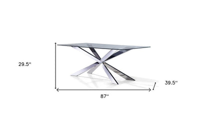 87" Clear and Silver Glass and Metal Cross Leg Base Dining Table HomeRoots