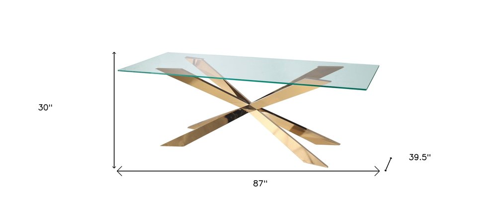 87" Clear and Gold Glass and Metal Cross Leg Base Dining Table HomeRoots