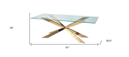 87" Clear and Gold Glass and Metal Cross Leg Base Dining Table HomeRoots