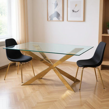 87" Clear and Gold Glass and Metal Cross Leg Base Dining Table HomeRoots