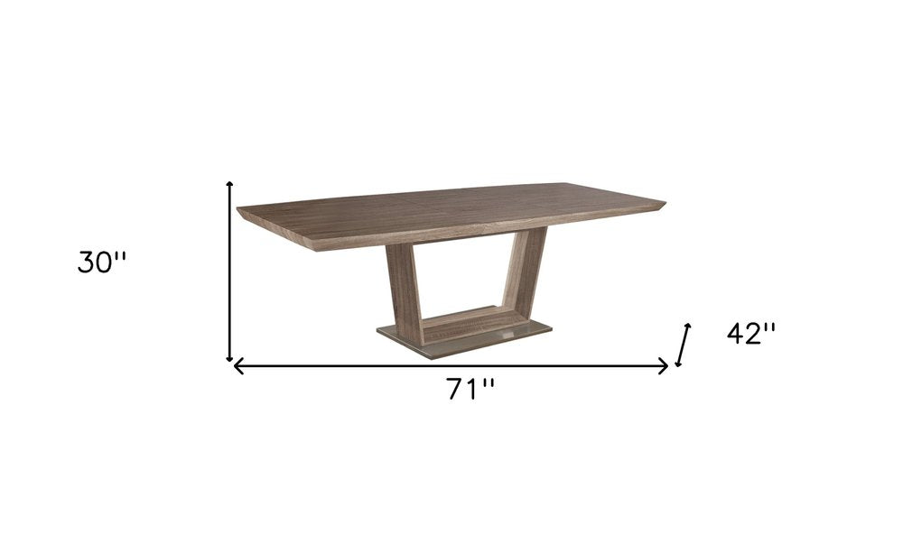 71" Gray Wood and Metal Self-Storing Leaf Pedestal Base Extendable Dining Table HomeRoots