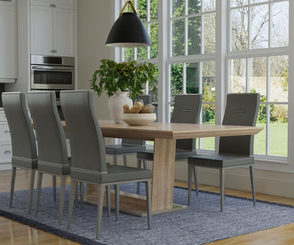 71" Gray Wood and Metal Self-Storing Leaf Pedestal Base Extendable Dining Table HomeRoots