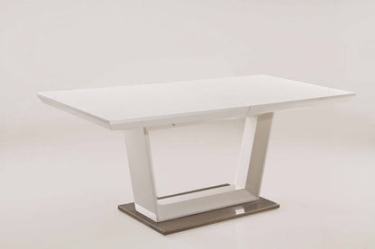 71" White Wood and Metal Self-Storing Leaf Pedestal Base Extendable Dining Table HomeRoots