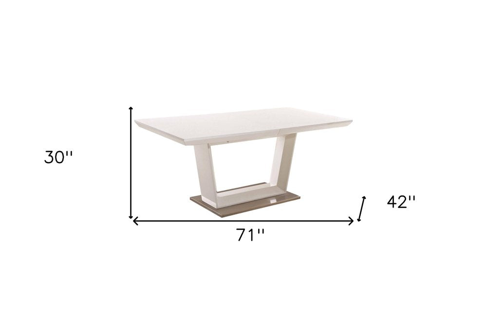 71" White Wood and Metal Self-Storing Leaf Pedestal Base Extendable Dining Table HomeRoots