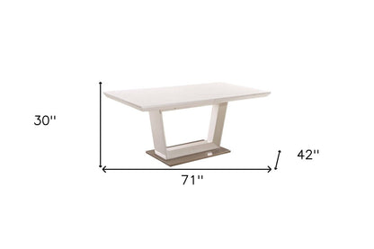 71" White Wood and Metal Self-Storing Leaf Pedestal Base Extendable Dining Table HomeRoots