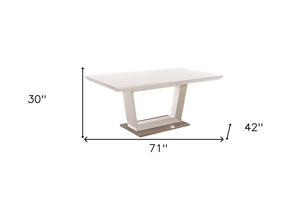 71" White Wood and Metal Self-Storing Leaf Pedestal Base Extendable Dining Table HomeRoots
