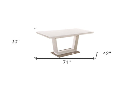 71" White Wood and Metal Self-Storing Leaf Pedestal Base Extendable Dining Table HomeRoots