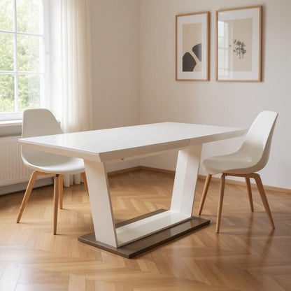 71" White Wood and Metal Self-Storing Leaf Pedestal Base Extendable Dining Table HomeRoots