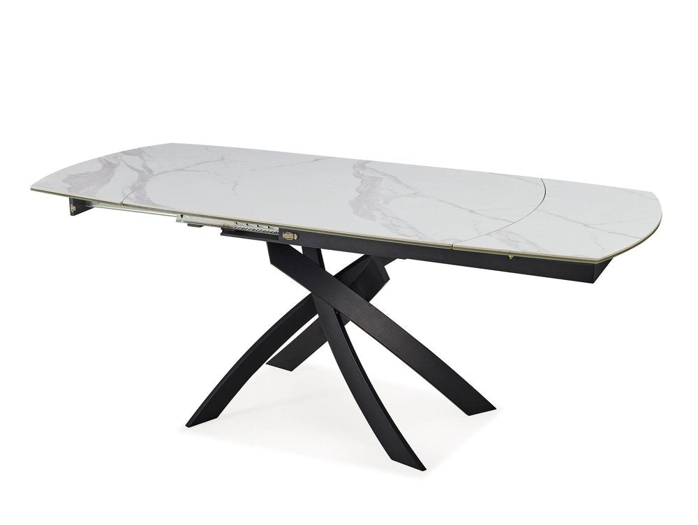 47" Gray White and Black Ceramic and Metal Self-Storing Leaf Cross Leg Base Oval Extendable Dining Table HomeRoots