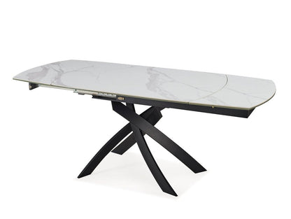 47" Gray White and Black Ceramic and Metal Self-Storing Leaf Cross Leg Base Oval Extendable Dining Table HomeRoots