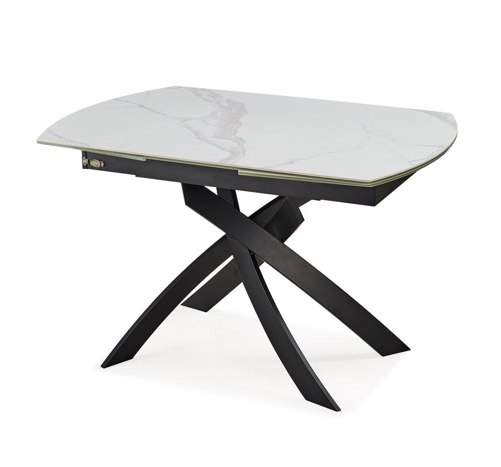 47" Gray White and Black Ceramic and Metal Self-Storing Leaf Cross Leg Base Oval Extendable Dining Table HomeRoots