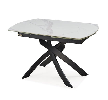 47" Gray White and Black Ceramic and Metal Self-Storing Leaf Cross Leg Base Oval Extendable Dining Table HomeRoots