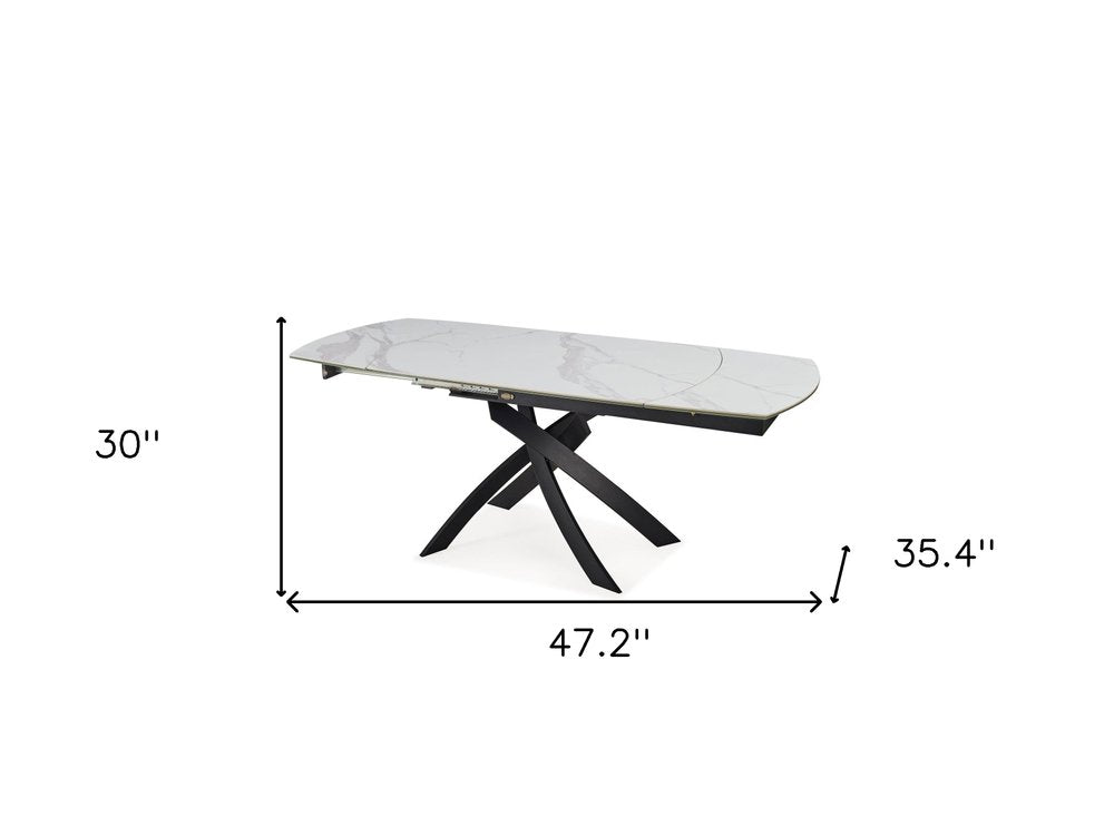 47" Gray White and Black Ceramic and Metal Self-Storing Leaf Cross Leg Base Oval Extendable Dining Table HomeRoots