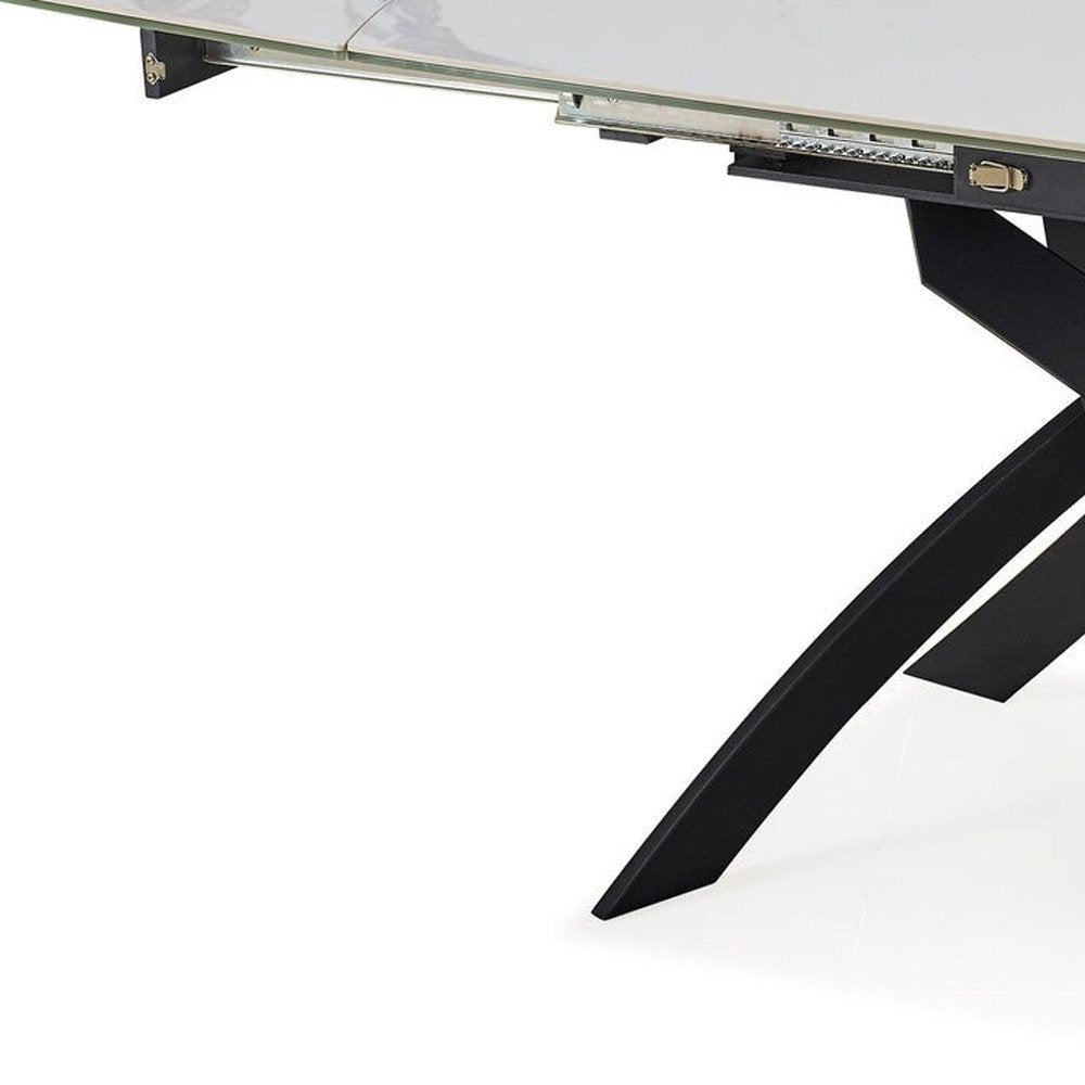 47" Gray White and Black Ceramic and Metal Self-Storing Leaf Cross Leg Base Oval Extendable Dining Table HomeRoots