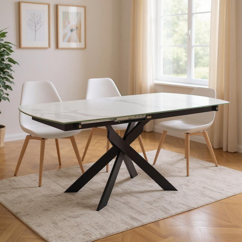 47" Gray White and Black Ceramic and Metal Self-Storing Leaf Cross Leg Base Oval Extendable Dining Table HomeRoots
