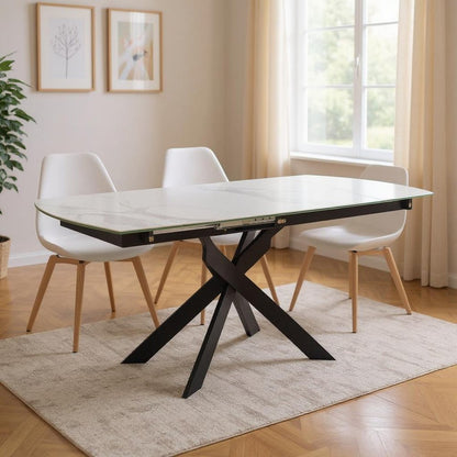 47" Gray White and Black Ceramic and Metal Self-Storing Leaf Cross Leg Base Oval Extendable Dining Table HomeRoots