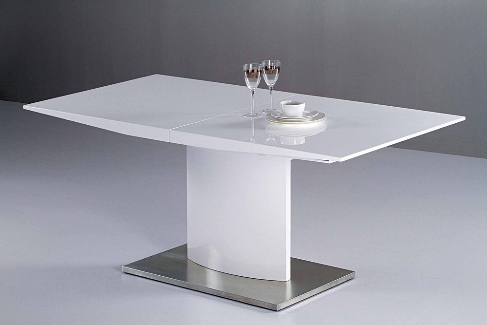 63" White Wood And Metal Self-Storing Leaf Pedestal Base Extendable Dining Table HomeRoots