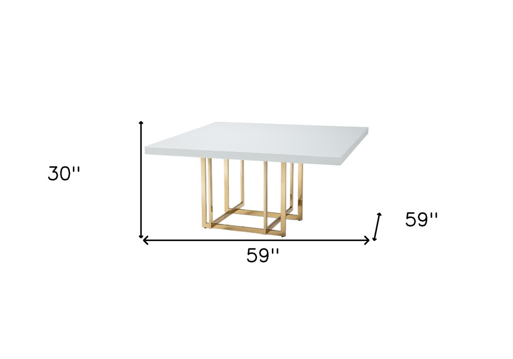 59" White and Gold Wood and Metal Pedestal Base Square Dining Table HomeRoots