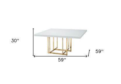 59" White and Gold Wood and Metal Pedestal Base Square Dining Table HomeRoots