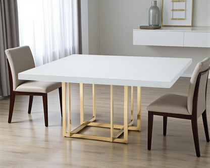 59" White and Gold Wood and Metal Pedestal Base Square Dining Table HomeRoots