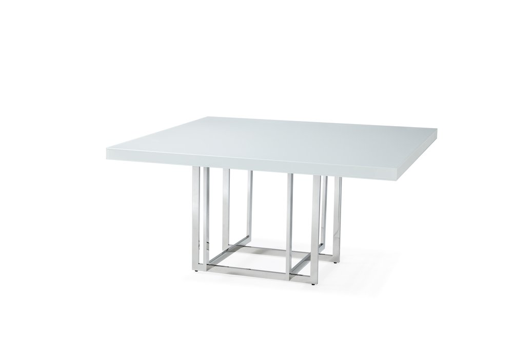 59" White and Silver Wood and Metal Pedestal Base Square Dining Table HomeRoots