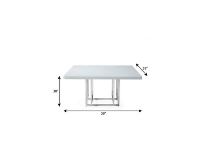 59" White and Silver Wood and Metal Pedestal Base Square Dining Table HomeRoots