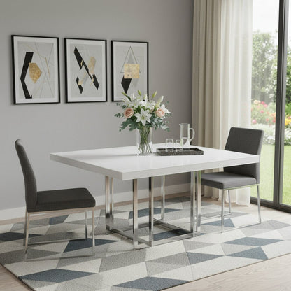 59" White and Silver Wood and Metal Pedestal Base Square Dining Table HomeRoots