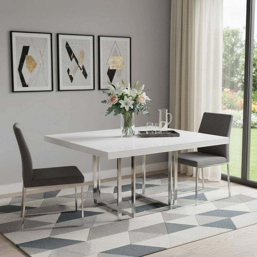 59" White and Silver Wood and Metal Pedestal Base Square Dining Table HomeRoots