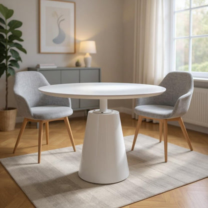 36" White Wood and Metal Pedestal Base Round Top Dining Table HomeRoots