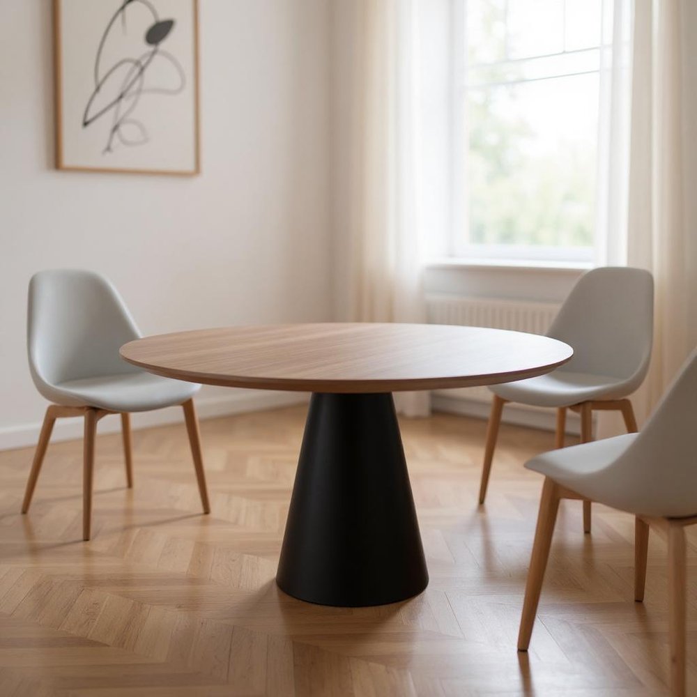 48" Brown and Black Wood and Metal Pedestal Base Round Top Dining Table HomeRoots