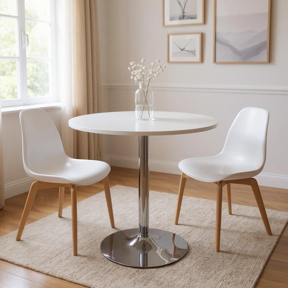 36" White and Silver Wood and Metal Pedestal Base Round Top Dining Table HomeRoots