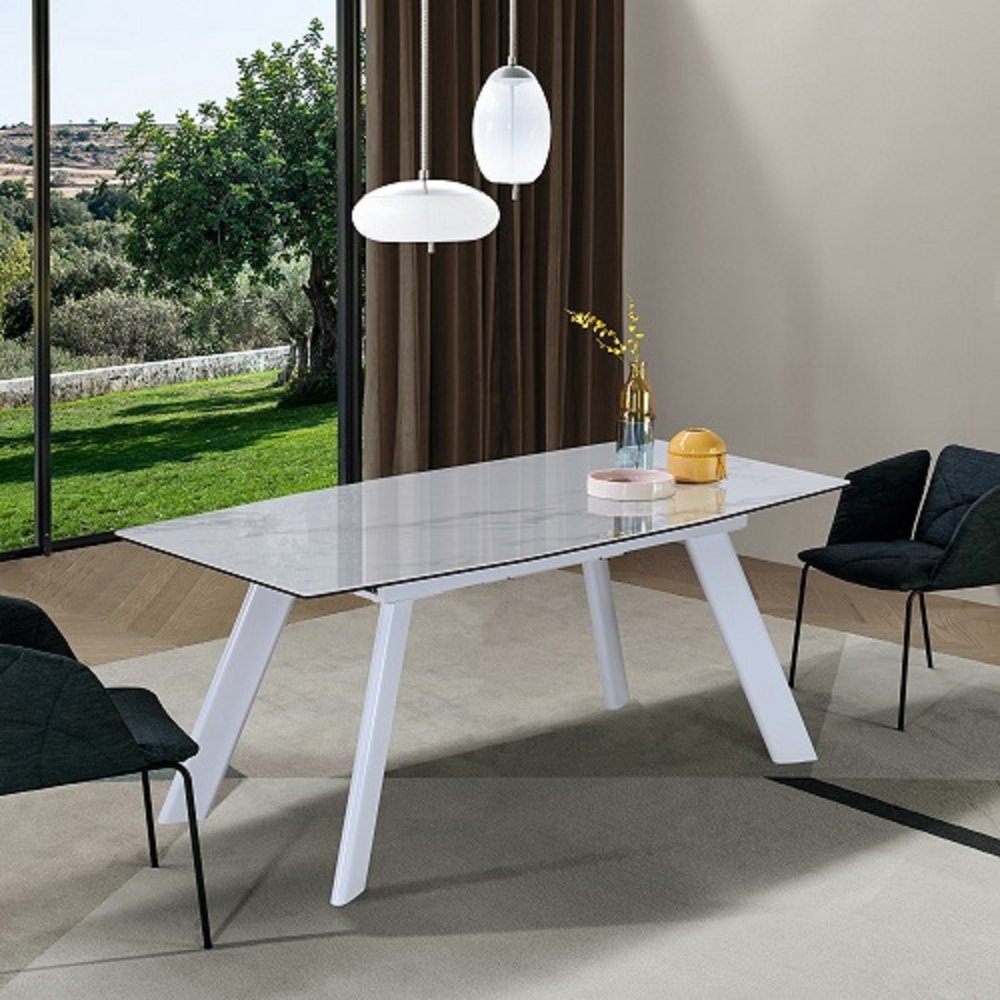 71" Gray and White Ceramic and Metal Self-Storing Leaf Extendable Dining Table HomeRoots