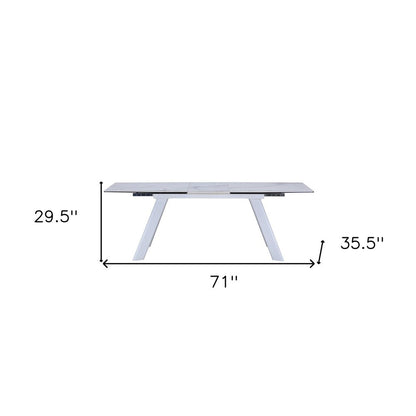 71" Gray and White Ceramic and Metal Self-Storing Leaf Extendable Dining Table HomeRoots