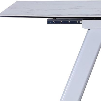 71" Gray and White Ceramic and Metal Self-Storing Leaf Extendable Dining Table HomeRoots