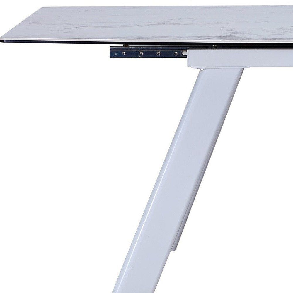 71" Gray and White Ceramic and Metal Self-Storing Leaf Extendable Dining Table HomeRoots
