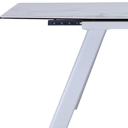 71" Gray and White Ceramic and Metal Self-Storing Leaf Extendable Dining Table HomeRoots