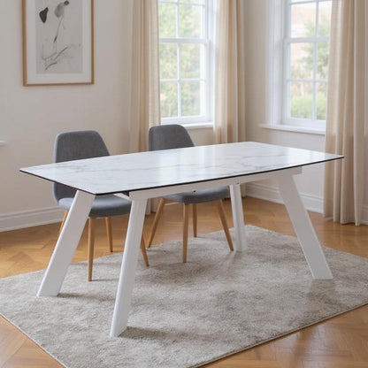 71" Gray and White Ceramic and Metal Self-Storing Leaf Extendable Dining Table HomeRoots