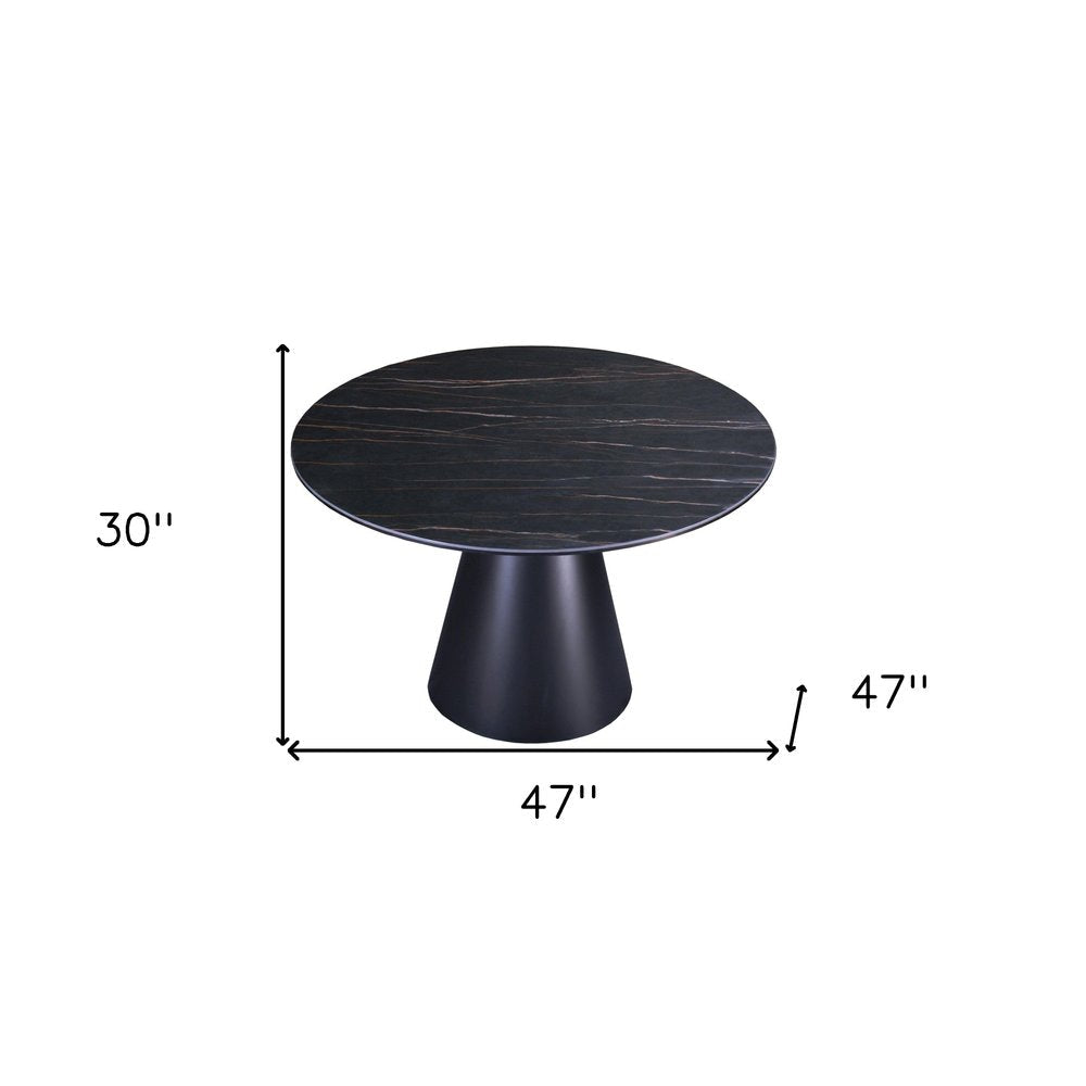 47" Black Ceramic and Metal Pedestal Base Round Top Dining Table HomeRoots