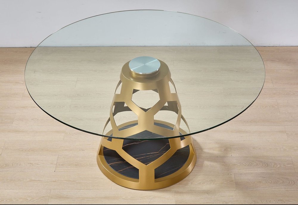 48" Clear And Gold Glass And Steel Pedestal Base Round Top Dining Table HomeRoots